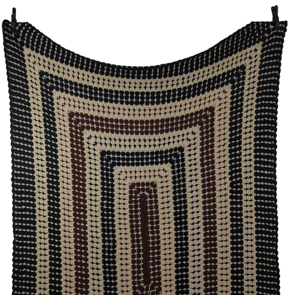 Vintage Handmade Crochet Afghan Granny Square‎ Blanket in Black Cream Brown Cozy